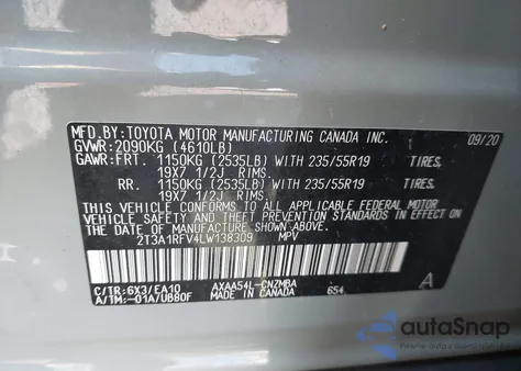 2020 Toyota Rav4 Xle Premium z USA, uszkodzony, nr VIN 2T3A1RFV4LW138309